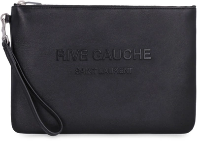 Shop Saint Laurent Rive Gauche Logo Print Flat Pouch In Black