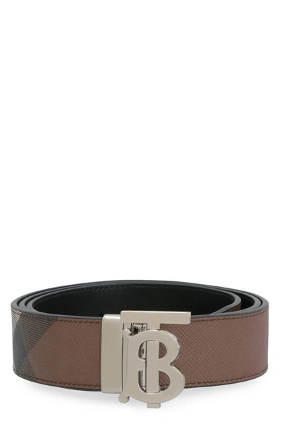 Shop Burberry Reversible Check And Leather Belt In Brown