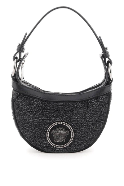 Shop Versace 'repeat' Crystal Mini Hobo Bag In Black