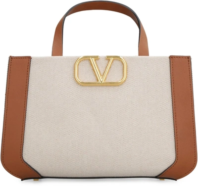 V Logo Small Canvas Tote Bag in Beige - Valentino Garavani