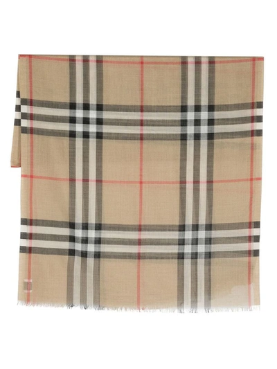 Shop Burberry Giant Check Wool And Silk Blend Scarf In Beige