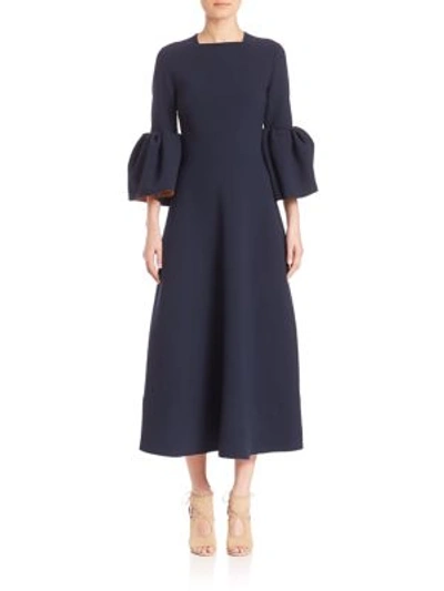 Roksanda 'yasmin' Lantern Sleeve Textured Dress In Navy-ochre