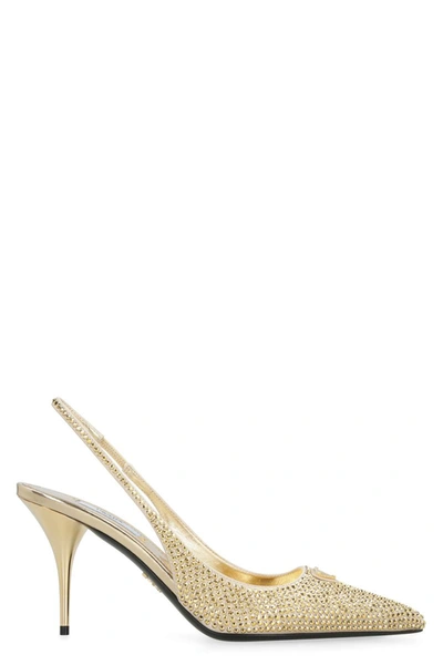 Shop Prada Embellished Pointy-toe Slingback Pumps In Gold