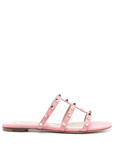 Shop Valentino Garavani Rockstud Leather Flat Sandals In Pink