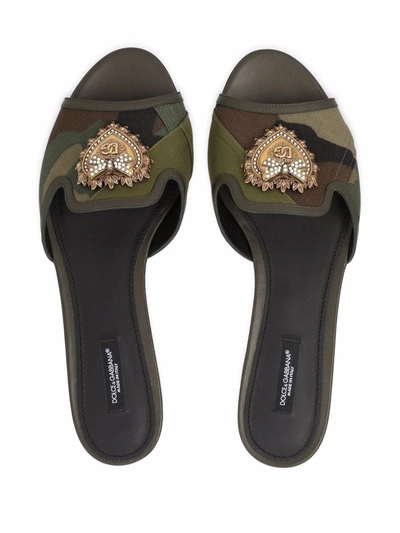Shop Dolce & Gabbana Leather Logo Flat Sandals In Green