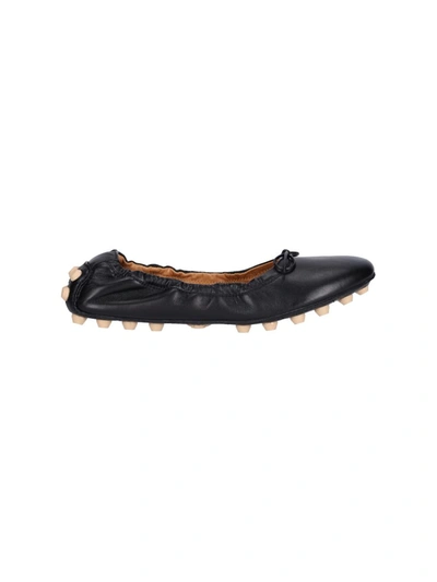 Tod's Black Leather Ballet Flats With Gathered Elasticized Trim In Black