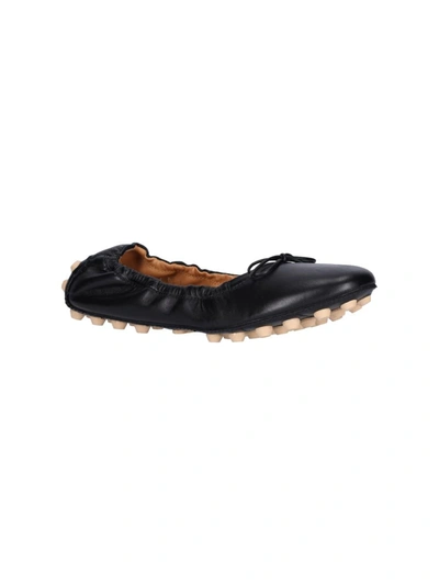 Tod's Black Leather Ballet Flats With Gathered Elasticized Trim In Black
