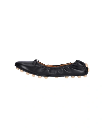 Tod's Black Leather Ballet Flats With Gathered Elasticized Trim In Black