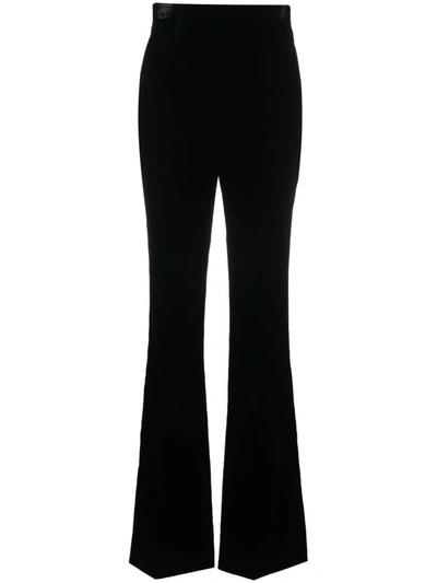 Shop Saint Laurent High Waist Velvet Trousers In Black
