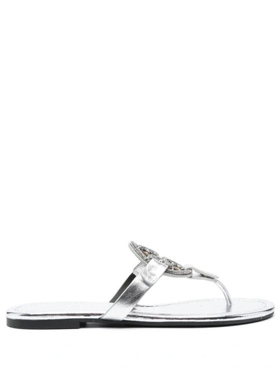 Shop Tory Burch 'miller' Silver-tone Thong Sandal With Crystal Embellished Logo In Metallic Leather Woman