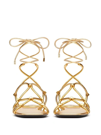 Shop Valentino Garavani Rockstud Net Flat Sandals In Golden