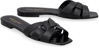 Shop Saint Laurent Leather Slides In Black