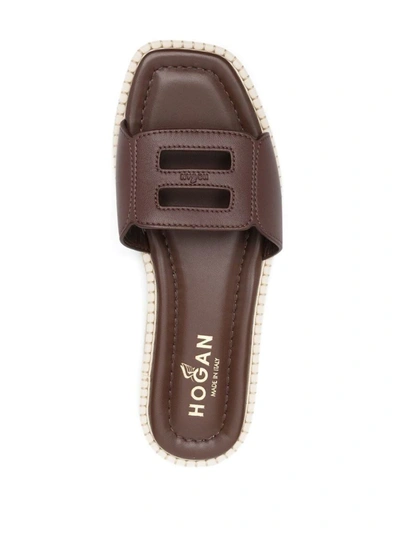 Shop Hogan Flat Shoes In <p>h638 Flat Leather Sandals From  Featuring Chocolate Brown, Calf Leather, Debossed Logo To Th