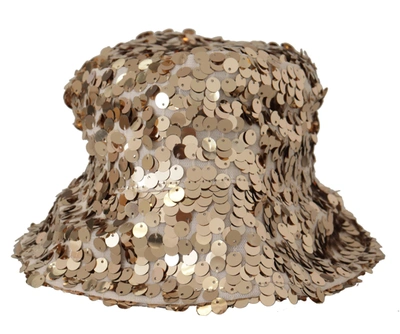 Shop Dolce & Gabbana Silk Sequin Embellished Designer Brim Bucket Women's Hat In Gold
