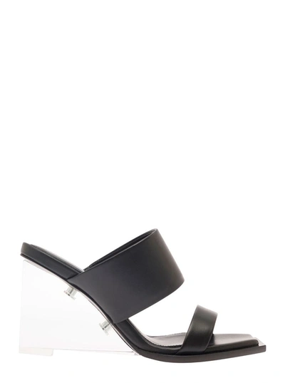 Shop Alexander Mcqueen Black Wedge With Double Strap And Trasparent Plexiglass Heel In Smooth Leather Woman