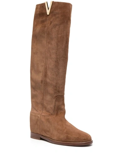 Shop Via Roma 15 Knee Length Suede Boots In Brown Leather Woman