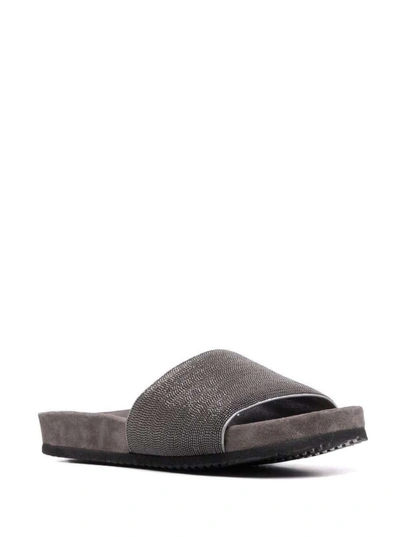 Shop Brunello Cucinelli Grey Suede Slide Sandals With Monile Detail  Woman In Metallic
