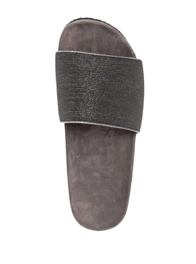 Shop Brunello Cucinelli Grey Suede Slide Sandals With Monile Detail  Woman In Metallic