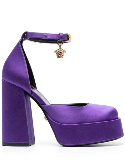 Shop Versace Satin Platform Pumps In Purple