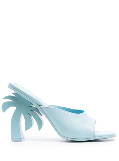 Shop Palm Angels 'palm Tree' Blue Mules With Palm Tree-shaped Heel In Leather Woman