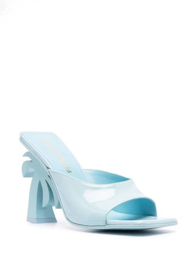 Shop Palm Angels 'palm Tree' Blue Mules With Palm Tree-shaped Heel In Leather Woman
