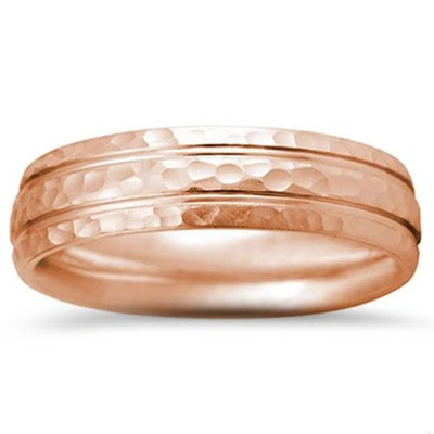 Shop Pompeii3 Polished Bright Hammered 14k Rose Gold 6mm Wedding Mens Two Line Ring