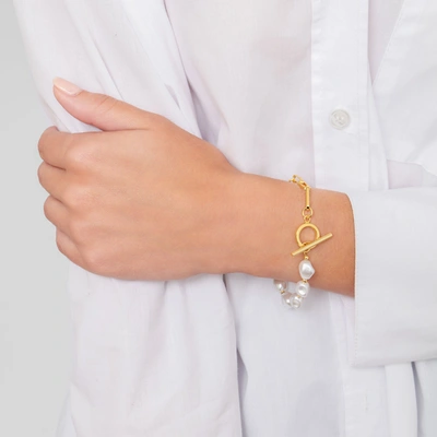 Adornia 14k Yellow Gold Plated Chain Toggle 10mm Pearl Bracelet In Silver
