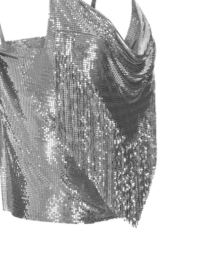 Shop Rabanne Paco  Mesh Top With Fringes In Silver