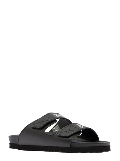 Shop Palm Angels Slides With Logo And Touch Strap In Black Leather Woman