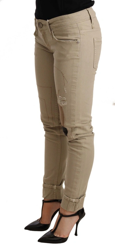 Shop Acht Beige Denim Cotton Bottom Slim Fit Folded Women's Pant