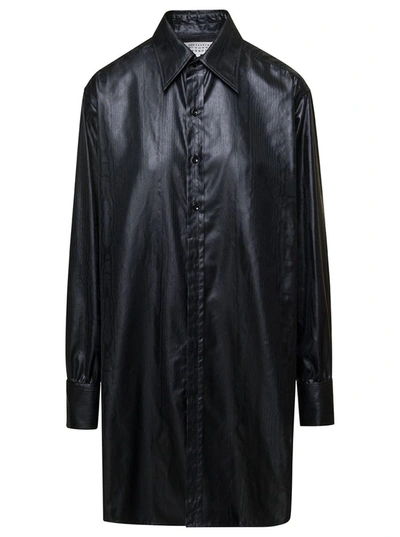 Shop Maison Margiela Long Black Shirt With Classic Collar In Faux Leather Woman