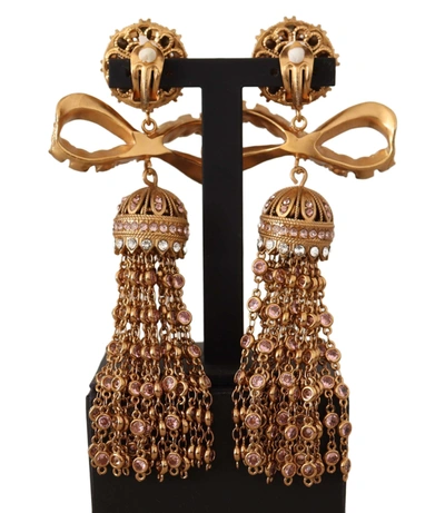 Shop Dolce & Gabbana Gold Dangling Crystals Long Clip-on Jewelry Women's Earrings