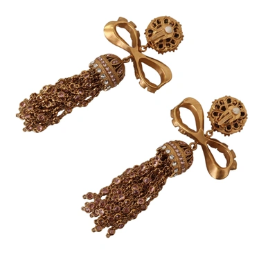 Shop Dolce & Gabbana Gold Dangling Crystals Long Clip-on Jewelry Women's Earrings
