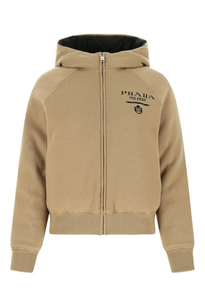Prada Blend Hooded Jacket With Front Pockets And Ribbed Cuffs In Camel
