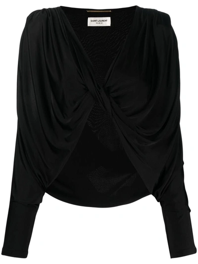 Shop Saint Laurent V-neck Jersey Cropped Top In Black