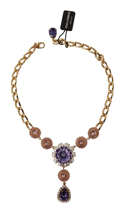 Shop Dolce & Gabbana Gold Brass Crystal Purple Pink Pearl Pendants Women's Necklace