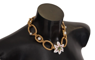 Shop Dolce & Gabbana Gold White Lily Floral Chain Statement Women's Necklace