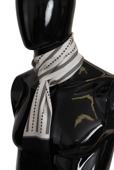 Shop Dolce & Gabbana Black White Silk Polka Dot Print Shawl Fringe Men's Scarf