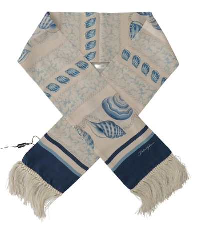 Shop Dolce & Gabbana Blue Silk Shell Print White Shawl Fringes Men's Scarf