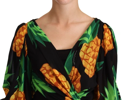 Shop Dolce & Gabbana Black Ananas Print Wrap Stretch Silk Women's Dress