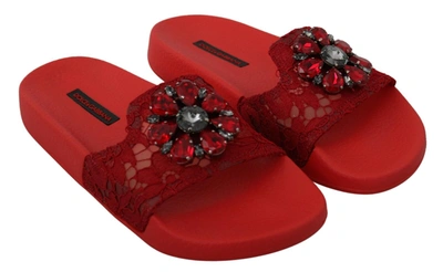 Shop Dolce & Gabbana Red Lace Crystal Sandals Slides Beach Women's Shoes