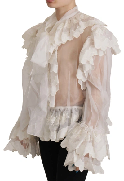 Shop Dolce & Gabbana White Ruffles Lace Long Sleeve Blouse Women's Top