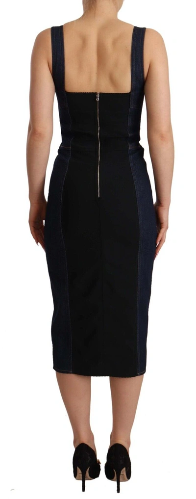 Shop Dolce & Gabbana Elegant Dark Blue Denim Sheath Midi Women's Dress