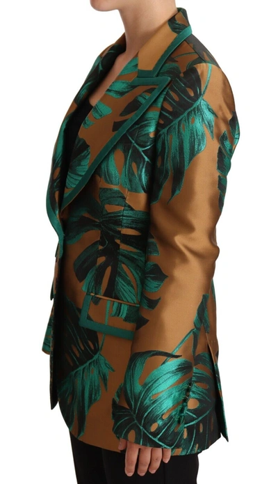 Shop Dolce & Gabbana Brown Green Leaf Jacquard Coat Women's Jacket