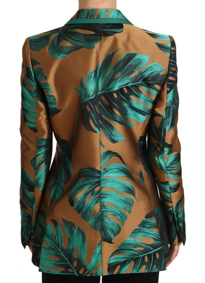 Shop Dolce & Gabbana Brown Green Leaf Jacquard Coat Women's Jacket