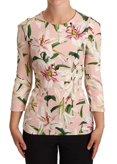 Shop Dolce & Gabbana Pink Lily Print Viscose Long Sleeves Women's Blouse