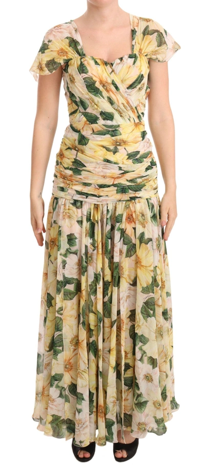 Shop Dolce & Gabbana Yellow Silk Floral Print Pleated Max Women's Dress