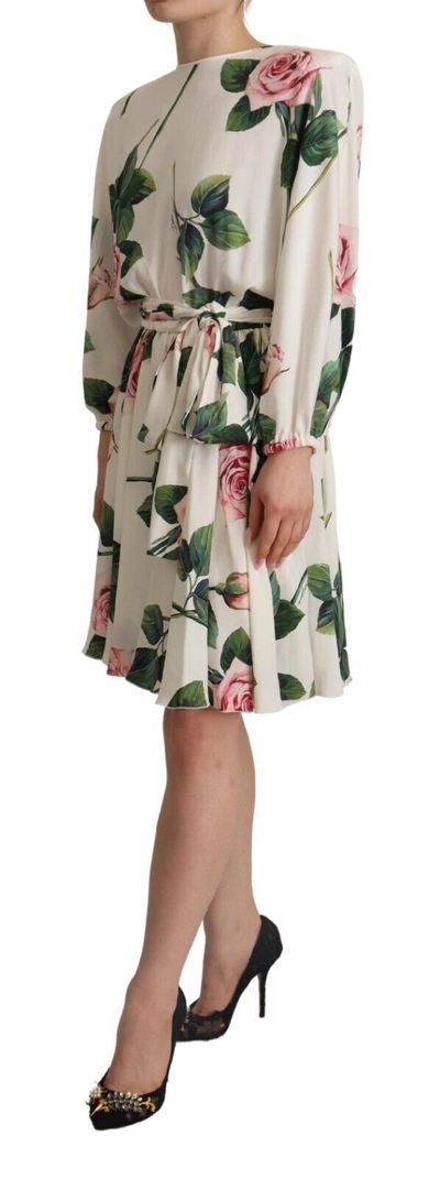 Shop Dolce & Gabbana White Rose Print Long Sleeves A-line Women's Dress