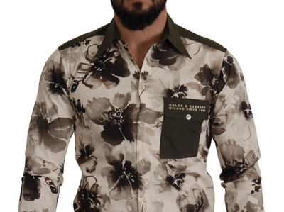 Shop Dolce & Gabbana Green Beige Floral Cotton Stretch Exclusive Men's Shirt