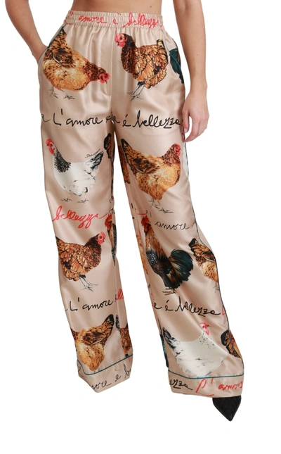 Shop Dolce & Gabbana Hen Chicken Silk Pajama Trouser Women's Pants In Beige